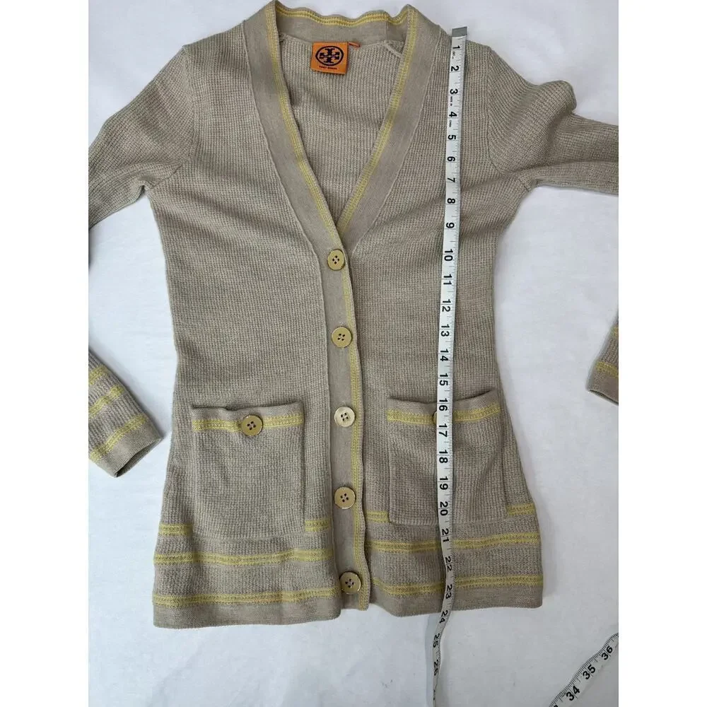 Tory Burch Cardigan Merino Wool Preppy Classic Beige Yellow Gold Button Women XS
